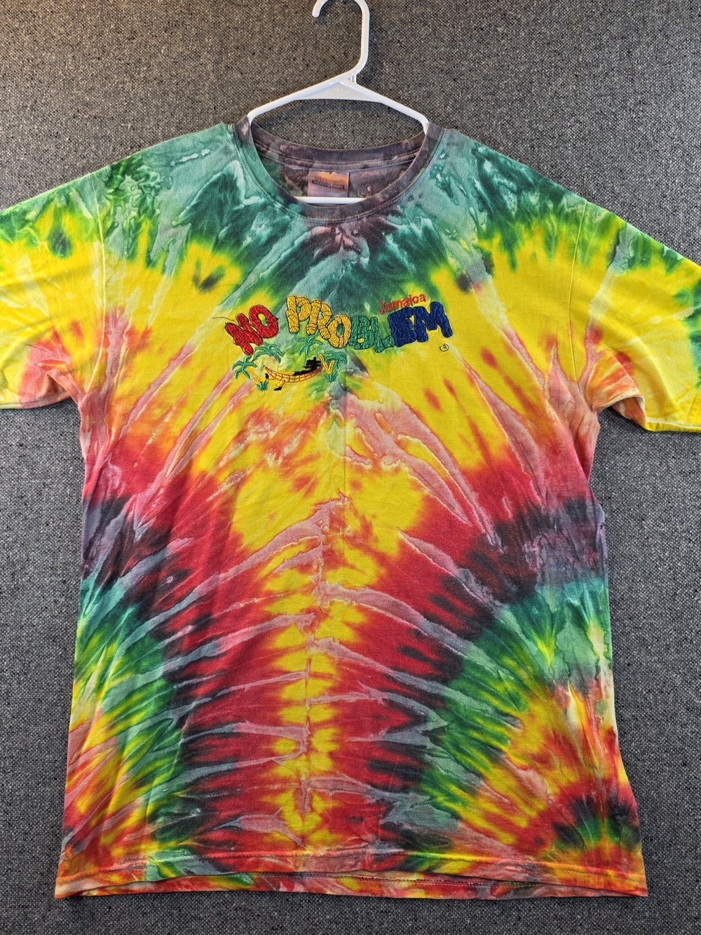Vintage No Problem Jamaica Tie Dye Embroidered T-Shirt Hanes Heavyweight M